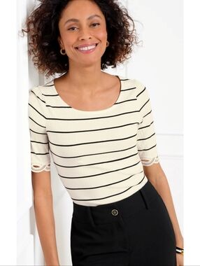 Talbots Lace Trim Ballet Neck Tee Cream Striped Size S